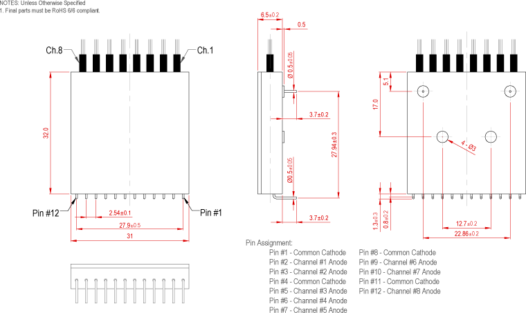 TAPディテクターアレイ方向性4,8＆10チャンネルの寸法